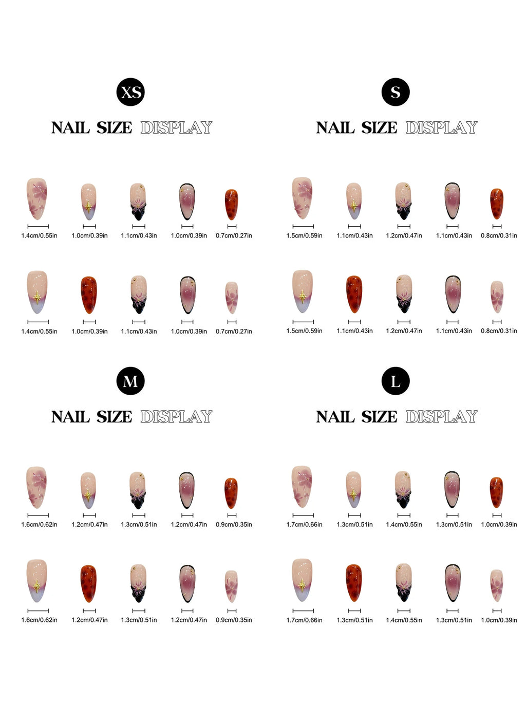 Faux ongles à pression Amande Moyen Rose Violet Dégradé Fleurs Sculptées 3D Étoiles - Faits main (Lot de 10)