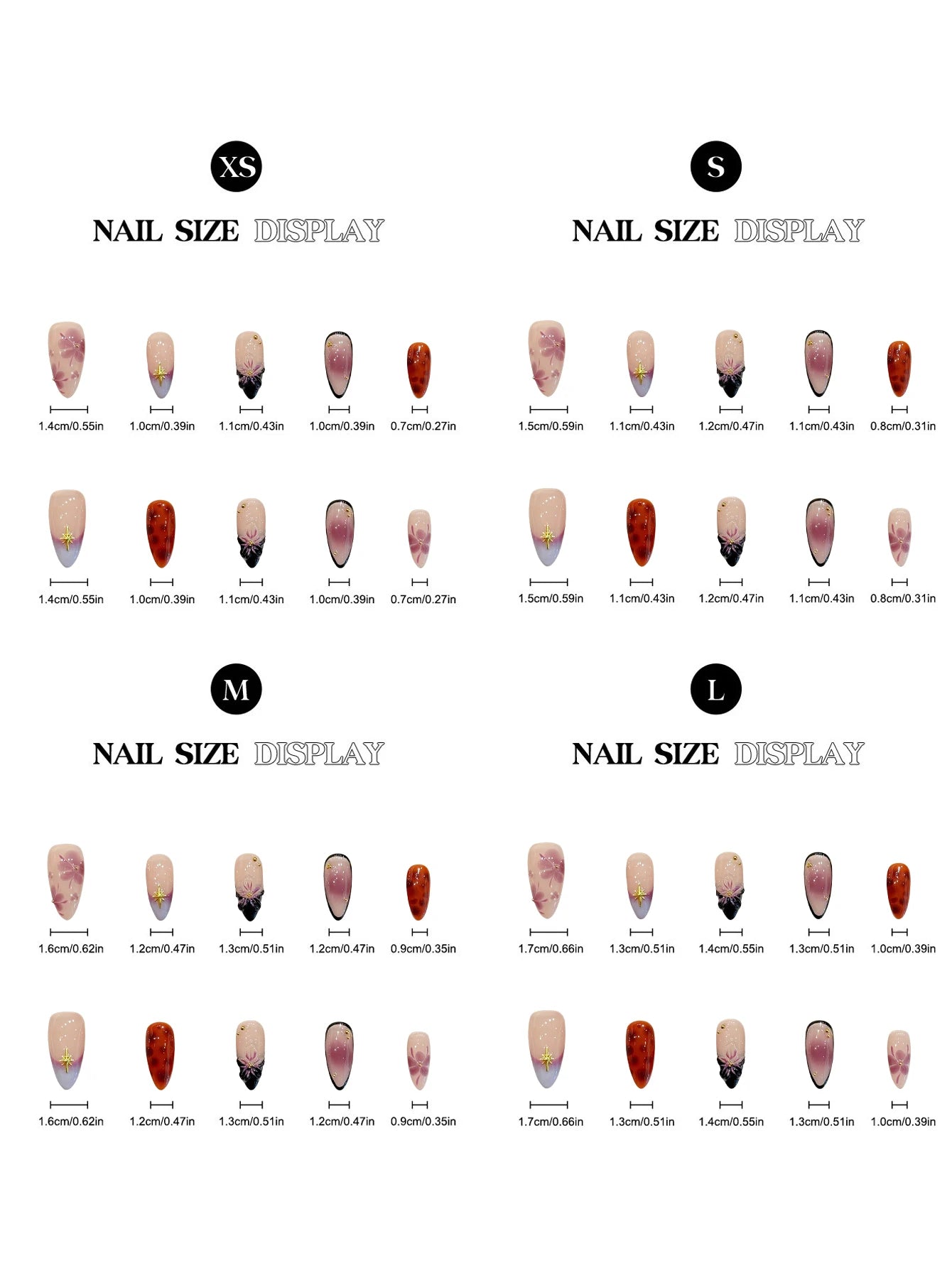 Faux ongles à pression Amande Moyen Rose Violet Dégradé Fleurs Sculptées 3D Étoiles - Faits main (Lot de 10)