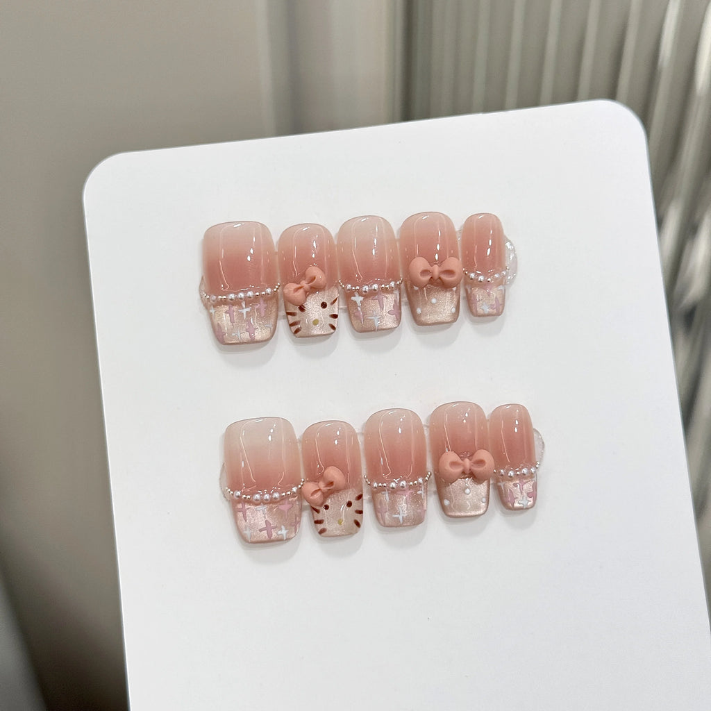 Faux ongles à pression Carré Moyen Rose Nœud French Effet Miroir - Faits main (Lot de 10)