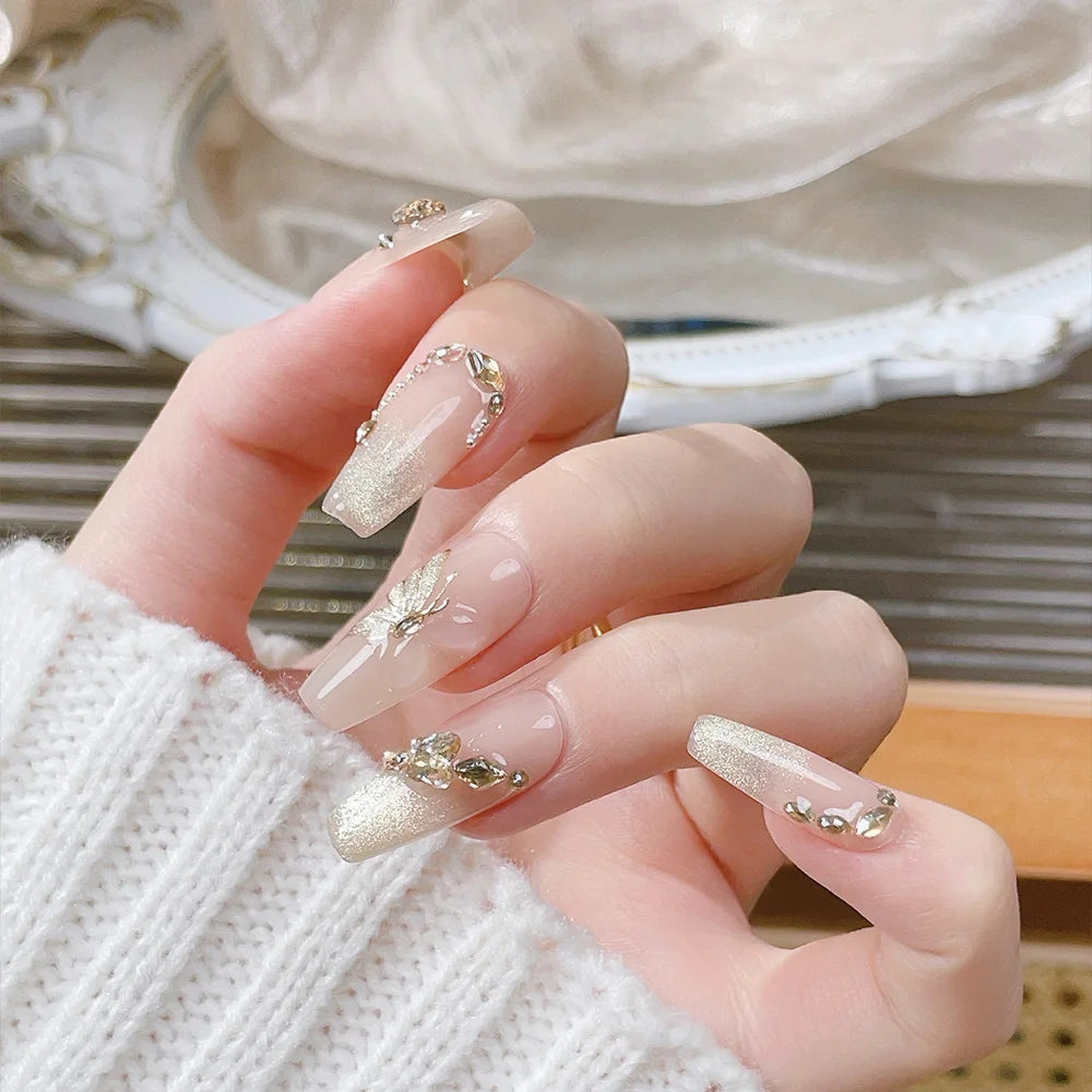 Faux ongles à pression Ballerine Long Nude Doré Papillon Doré Élégant - Faits main (Lot de 10)