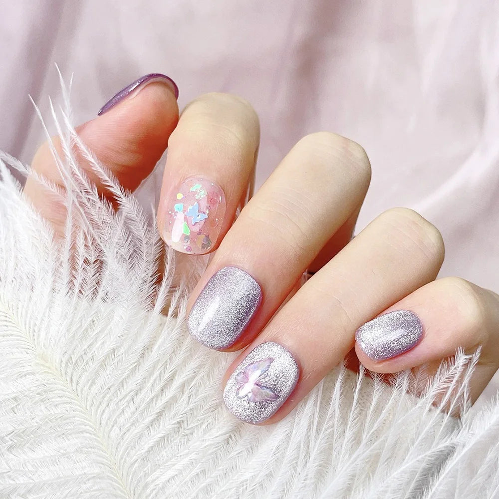 Faux ongles à pression Carré arrondi court - Lilas Pailleté Papillon – Faits main (Lot de 10)