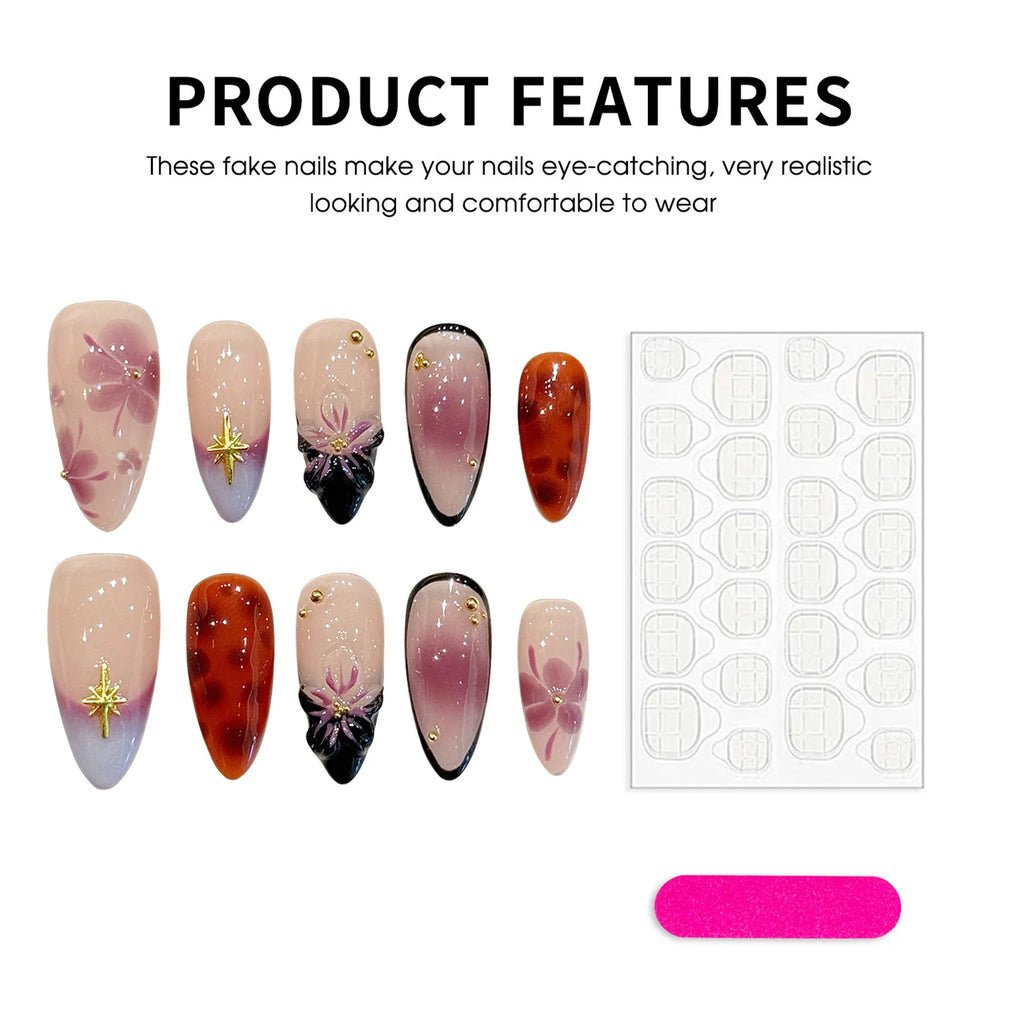 Faux ongles à pression Amande Moyen Rose Violet Dégradé Fleurs Sculptées 3D Étoiles - Faits main (Lot de 10)