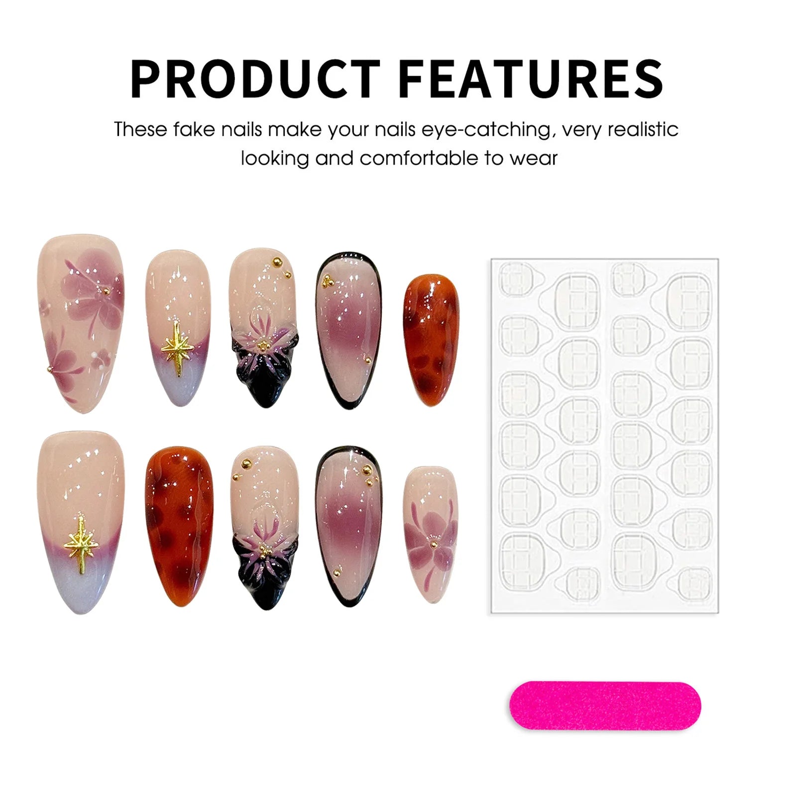 Faux ongles à pression Amande Moyen Rose Violet Dégradé Fleurs Sculptées 3D Étoiles - Faits main (Lot de 10)