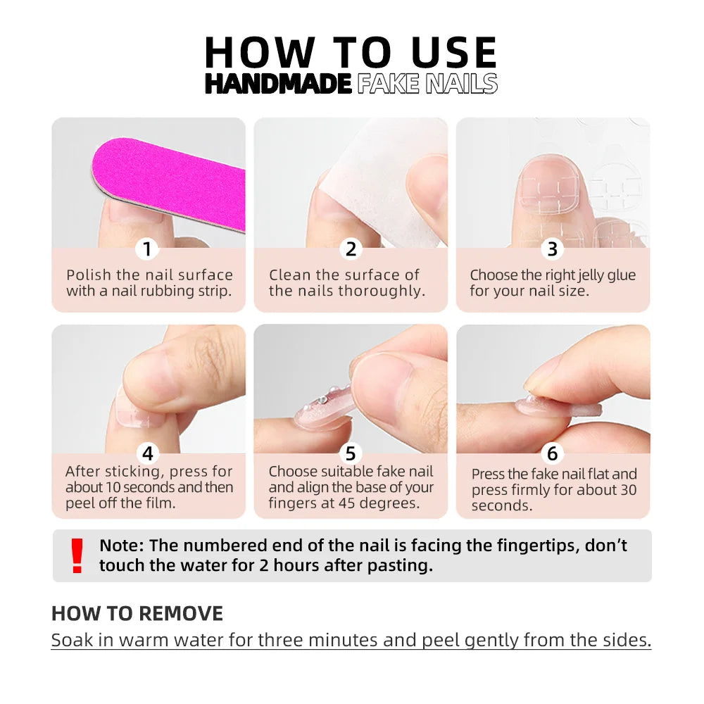 Faux ongles à pression Trapèze Court Rose Strass Cœur Nœud Kawaii - Faits main (Lot de 10)