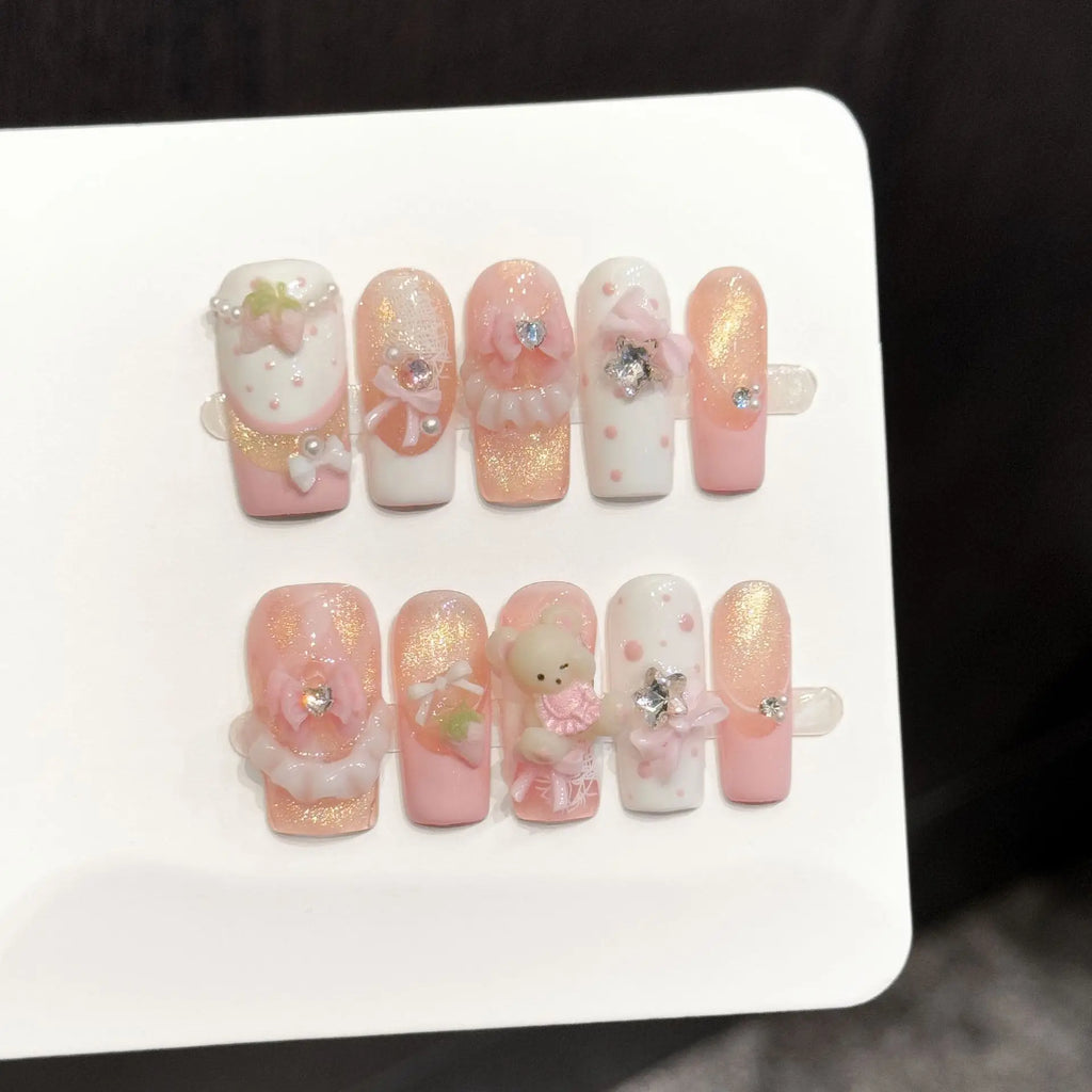 Faux ongles à pression Carré Long Rose Doré Ourson Fraise Effet Miroir - Faits main (Lot de 10)