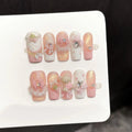 Faux ongles à pression Carré Long Rose Doré Ourson Fraise Effet Miroir - Faits main (Lot de 10)