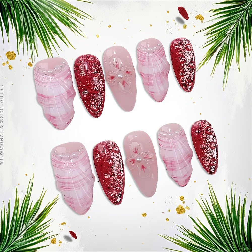 Faux ongles à pression en Amande - Rose Rouge Marbré Fleur Strass – Faits main (Lot de 10)