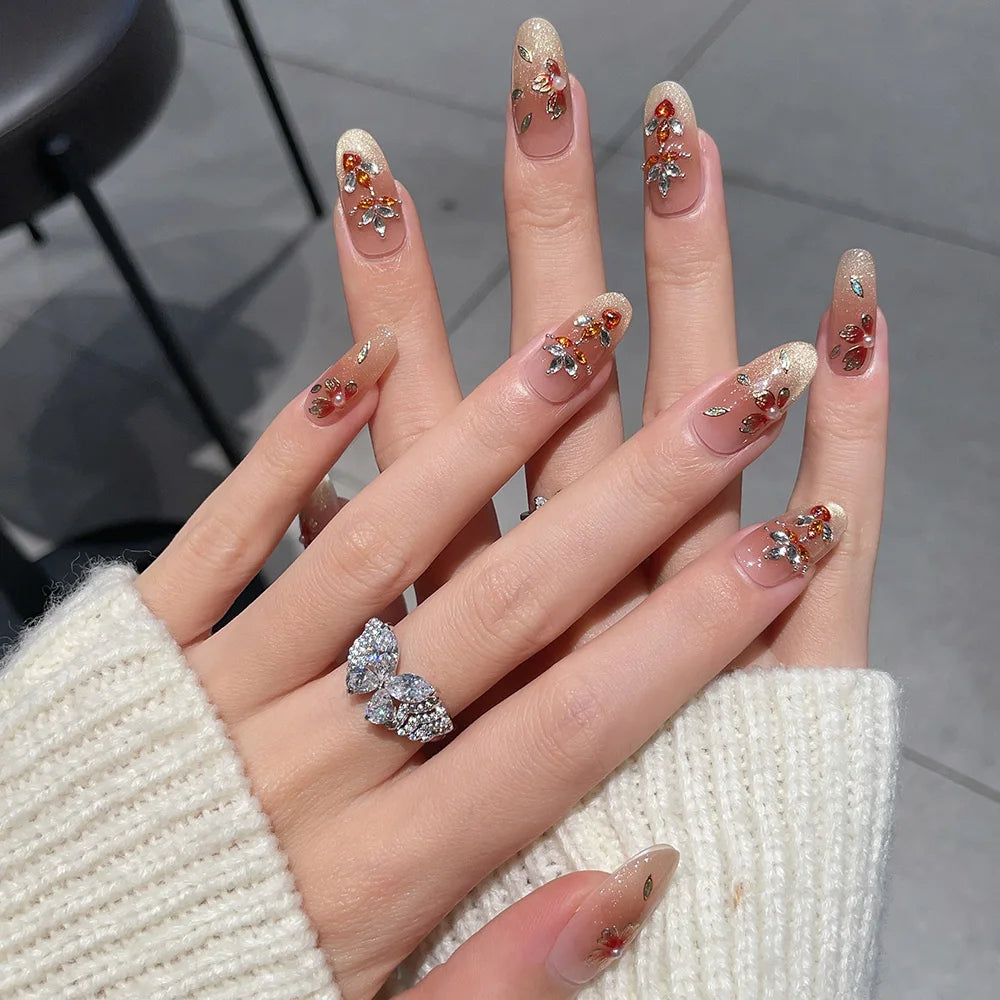 Faux ongles à pression en Amande - Nude Doré Fleurs Strass Multicolores – Faits main (Lot de 10)