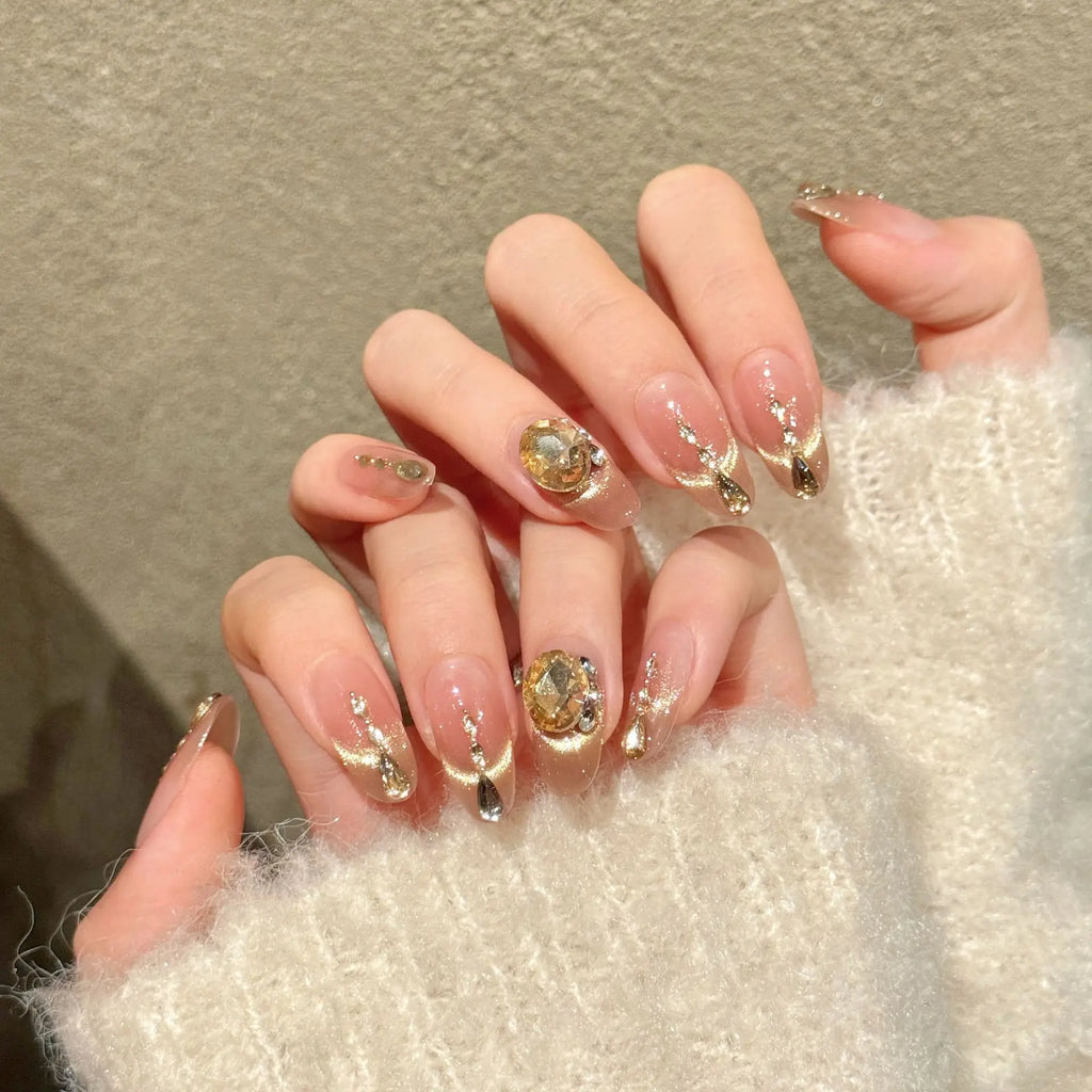 Faux ongles à pression Ovale Moyen Nude Poudré Dégradé Doré Diamant - Faits main (Lot de 10)