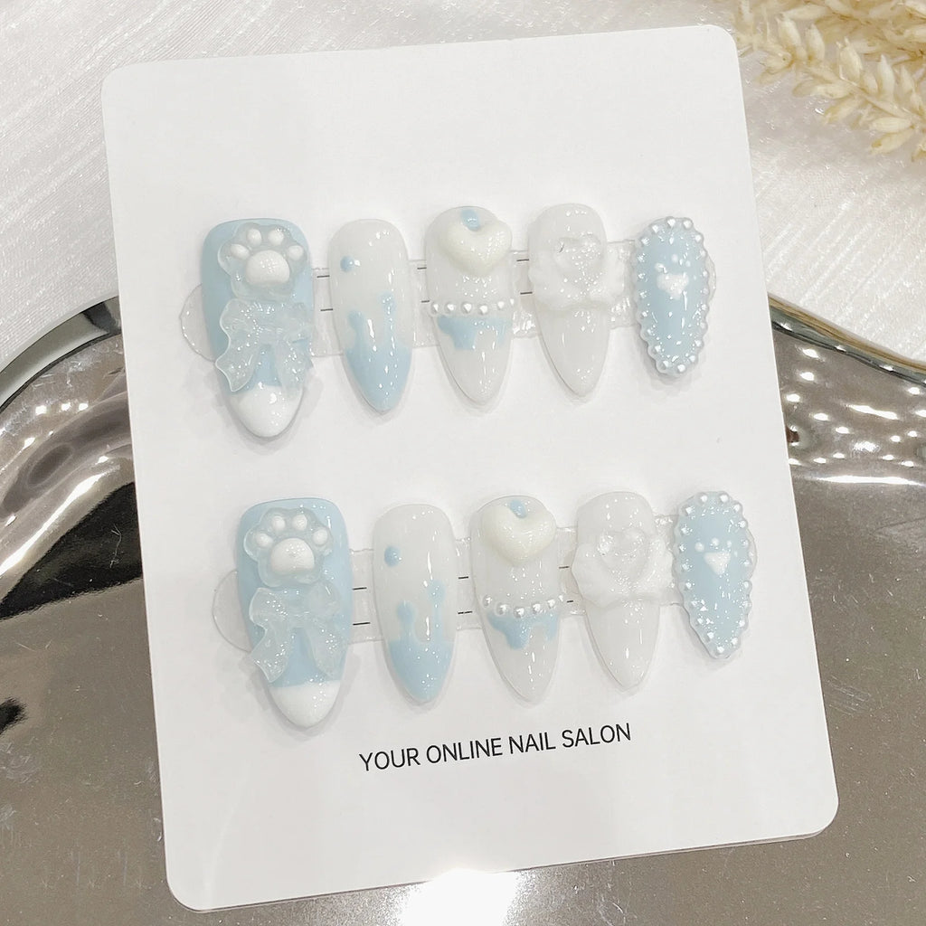 Faux ongles à pression Amande Bleu Nœud et Cœur 3D - Faits main (Lot de 10)
