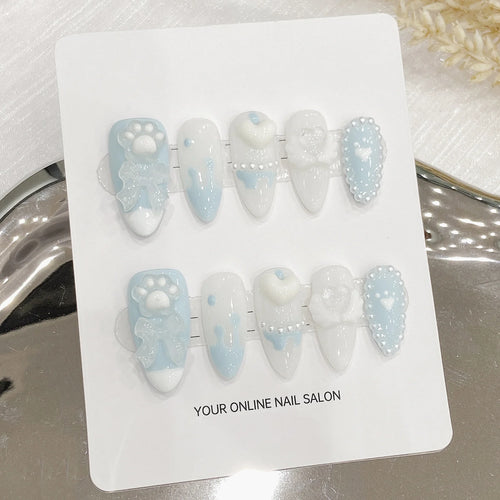 Faux ongles à pression Amande Bleu Nœud et Cœur 3D - Faits main (Lot de 10)