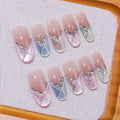 Faux ongles à pression Ovale Moyen Nude Géométrique Multicolore Strass – Faits main (Lot de 10)