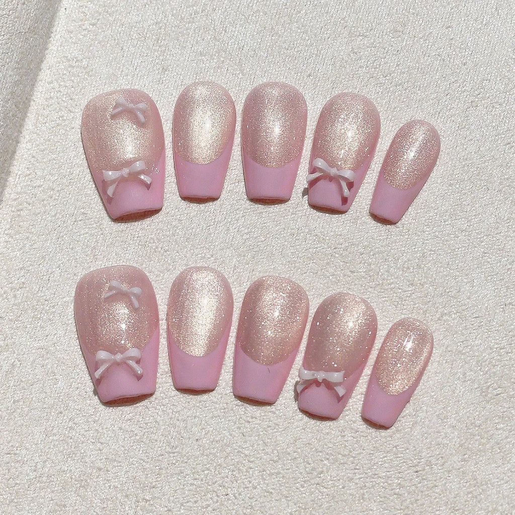 Faux ongles à pression Rose French Pailleté Nœud Blanc - Ballerine – Faits main (Lot de 10)