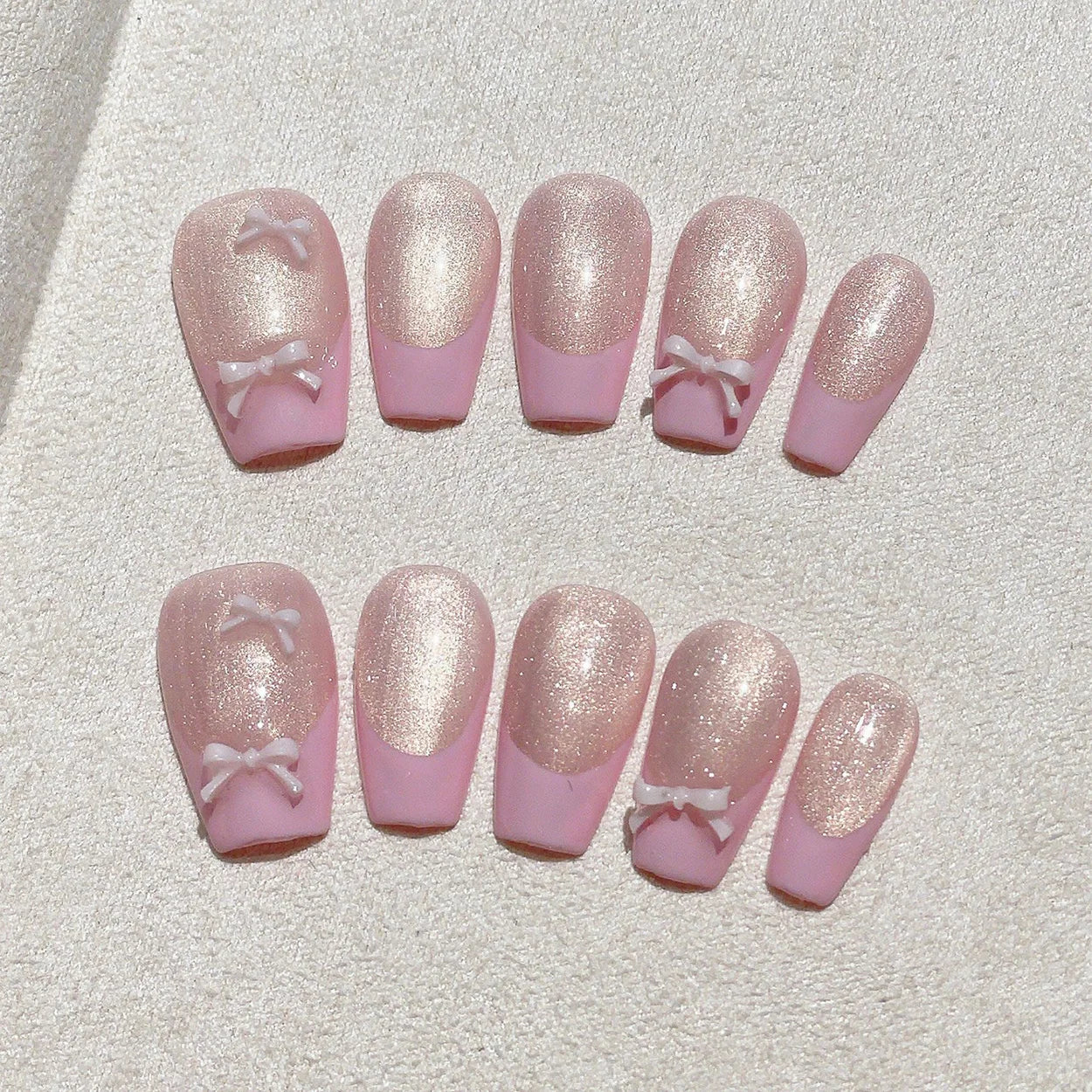 Faux ongles à pression Rose French Pailleté Nœud Blanc - Ballerine – Faits main (Lot de 10)