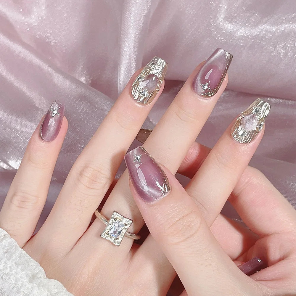 Faux ongles à pression Mauve Oeil de Chat Argenté – Ballerine - Faits main (Lot de 10)