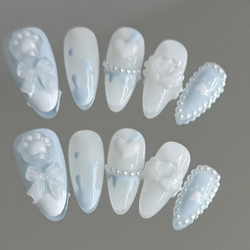 Faux ongles à pression Amande Bleu Nœud et Cœur 3D - Faits main (Lot de 10)
