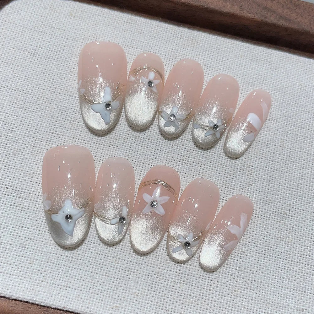 Faux ongles à pression Nude Doré Fleur Grise Strass – Faits main (Lot de 10)