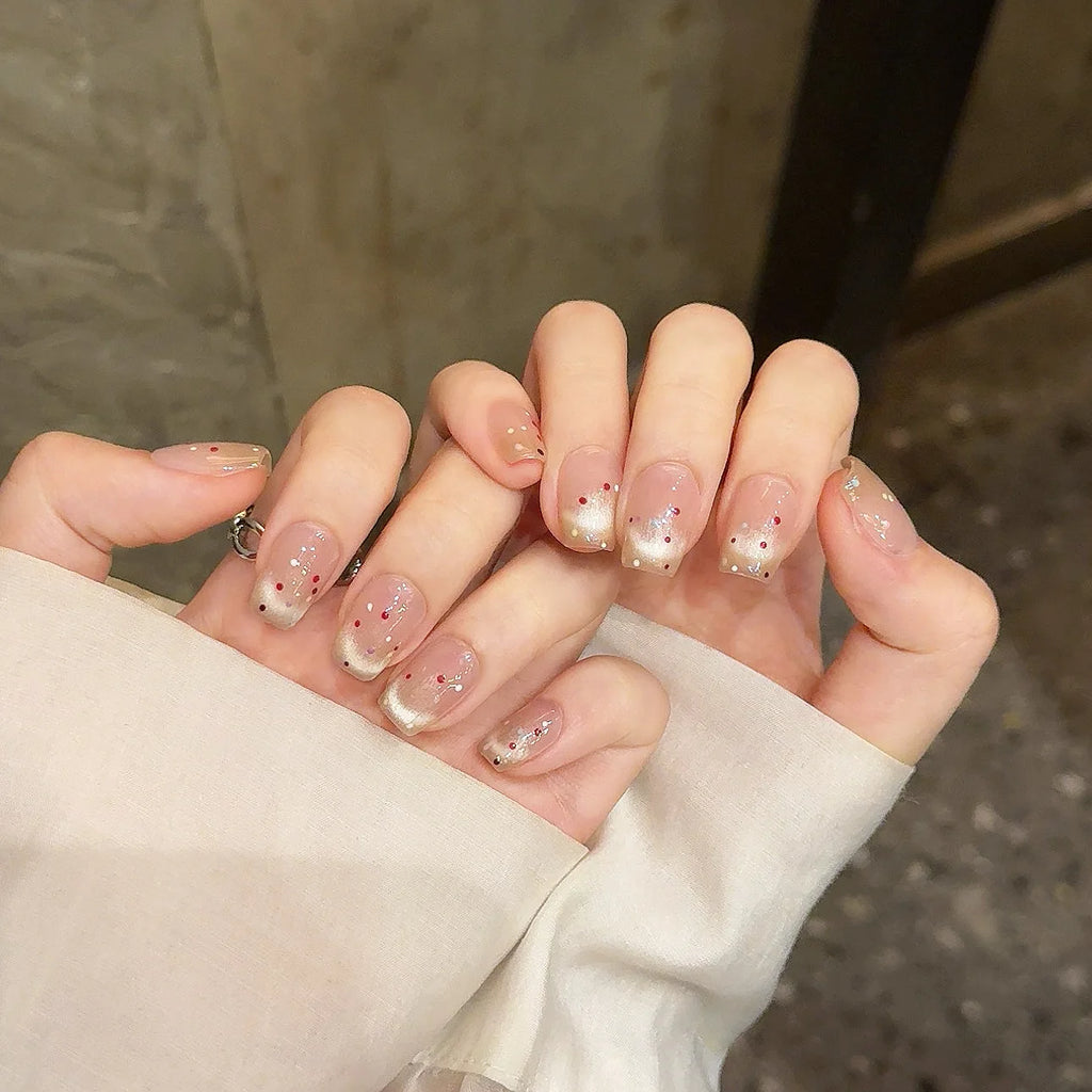 Faux ongles à pression Amande Court French Rétro Pois Œil de Chat Soyeux - Faits main (Lot de 10)