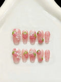 Faux ongles à pression Amande Moyen Fraise Cœur Doux Kawaii Sucré - Faits main (Lot de 10)