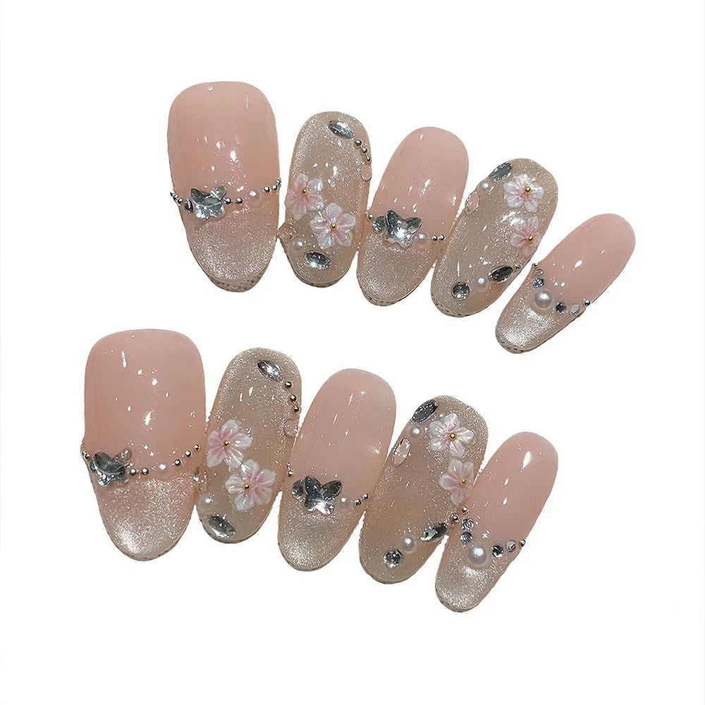Faux ongles à pression Ovales - Rose Pêche Fleur Étoile – Faits main (Lot de 10)