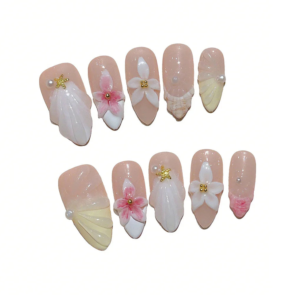 Faux ongles à pression Amande Long Nude Fleurs 3D Rose Blanc Doré – Faits main (Lot de 10)