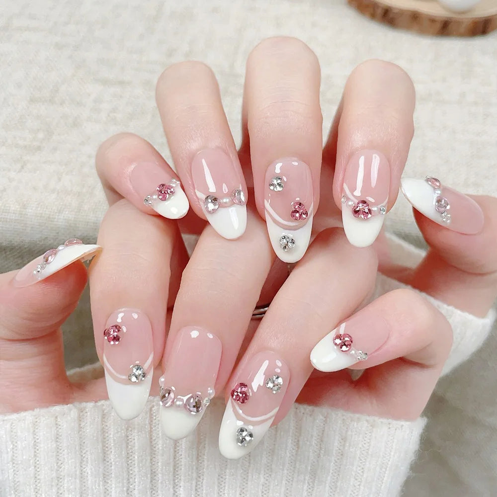 Faux ongles en Amande French Rose Cristal – Faits main (Lot de 10)