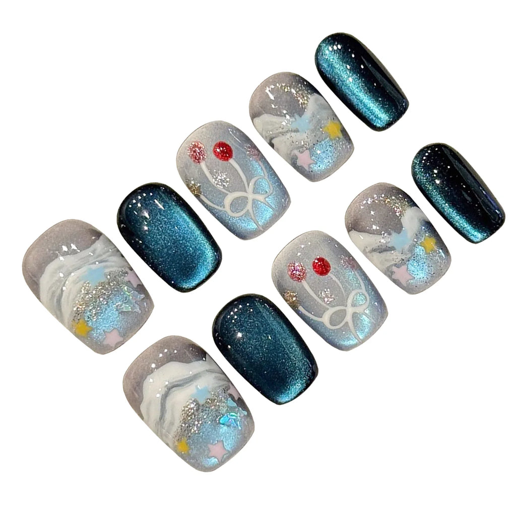 Faux ongles à pression Bleu Océan Aurora Irisé - Faits main (Lot de 10)