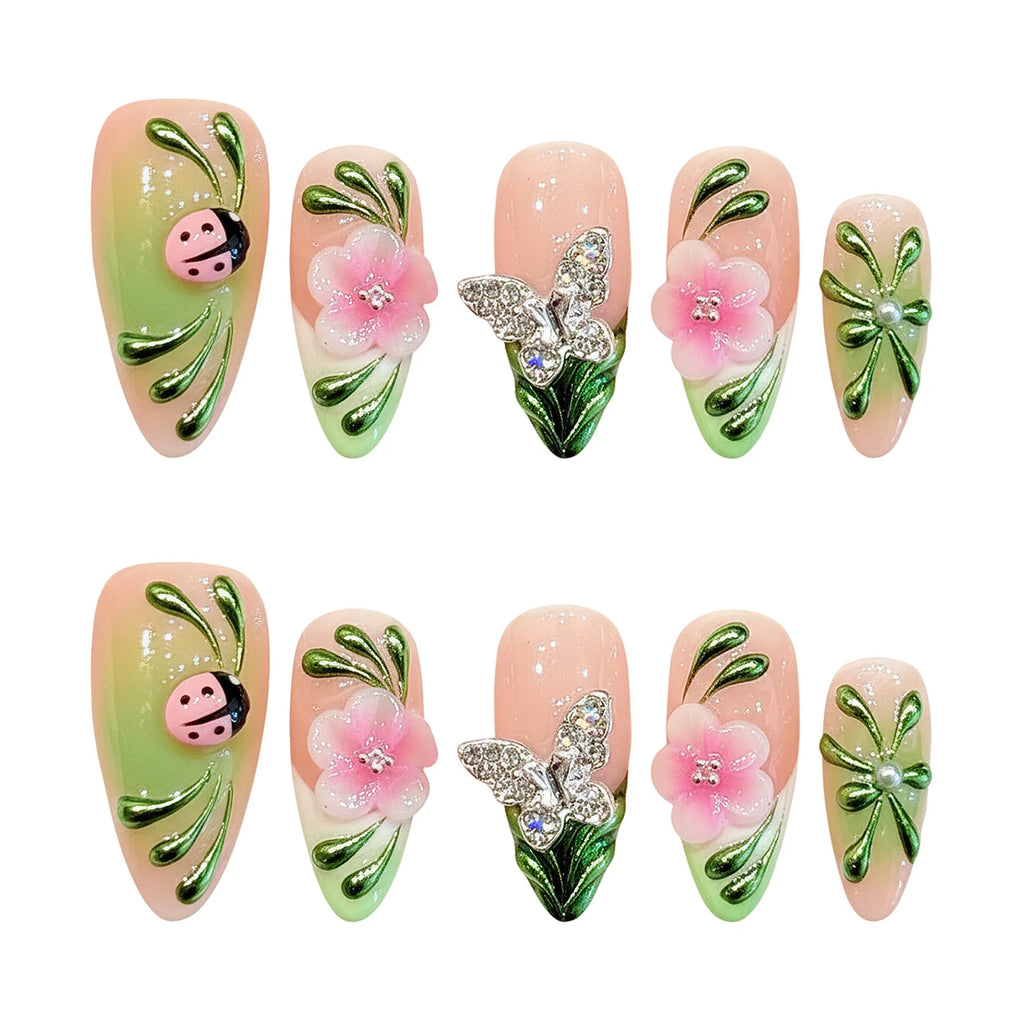 Faux ongles à pression Amande Moyen Rose Vert Dégradé Fleurs Effet Miroir - Faits main (Lot de 10)