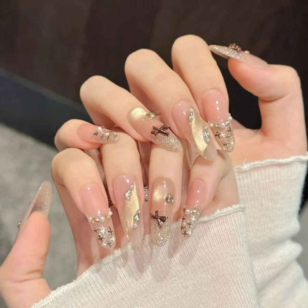 Faux ongles à pression Ovale Moyen Marron Caramel Nœud Effet Miroir - Faits main (Lot de 10)