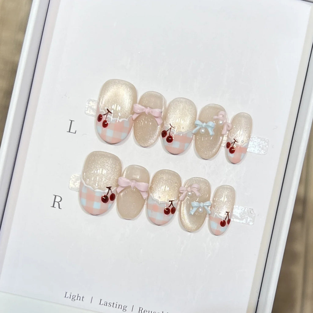 Faux ongles à pression Ovale Court Nœud Effet Miroir - Faits main (Lot de 10)