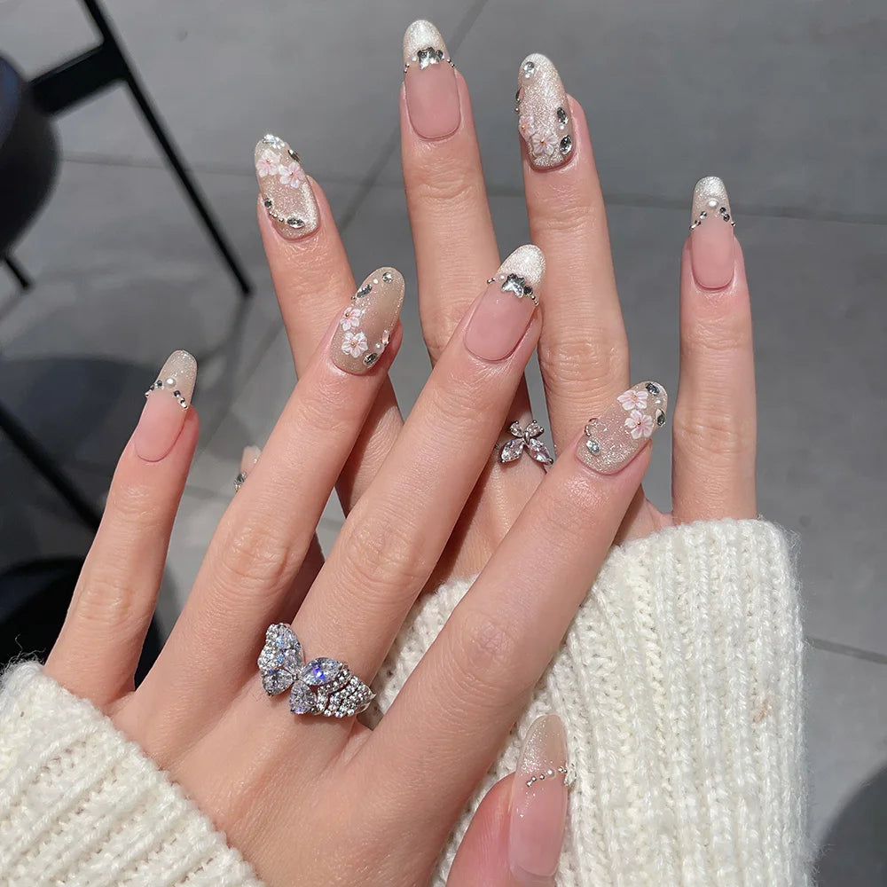 Faux ongles à pression Ovales - Rose Pêche Fleur Étoile – Faits main (Lot de 10)