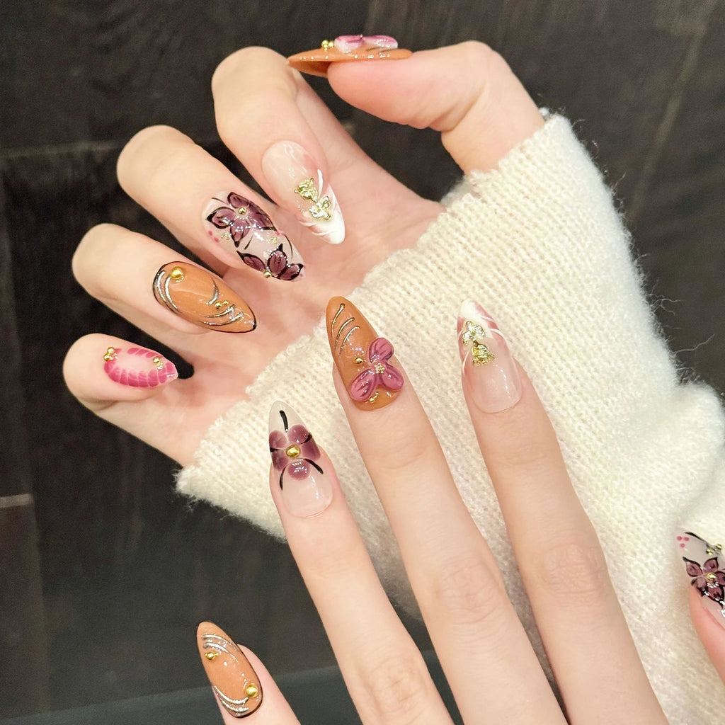 Faux ongles à pression Amande Moyen Pétales Sculptés 3D - Faits main (Lot de 10)