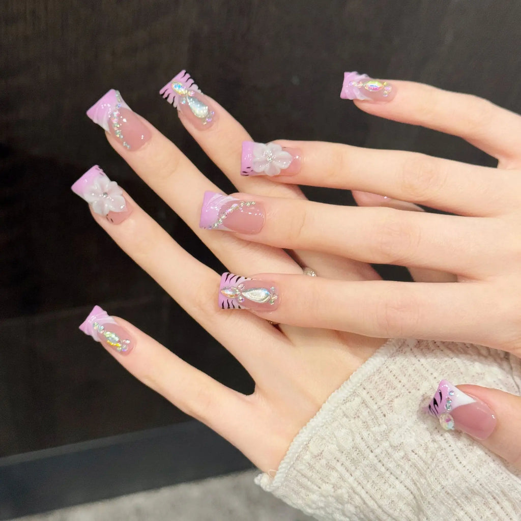 Faux ongles à pression Duck Moyen Dégradé Poudré Tigre Couleurs Magiques - Faits main (Lot de 10)