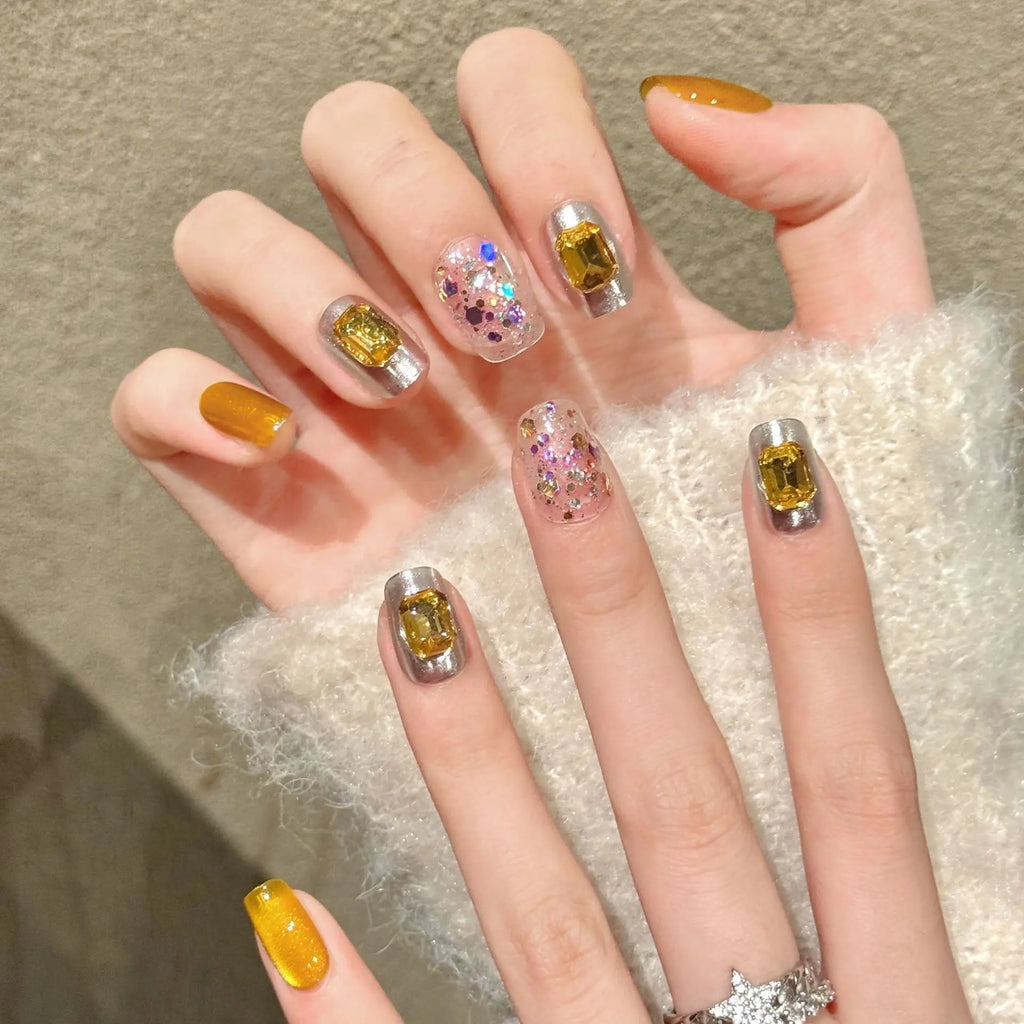 Faux ongles à pression Carré Moyen Doré Pailleté Œil de Chat Miroir Magique - Faits main (Lot de 10)