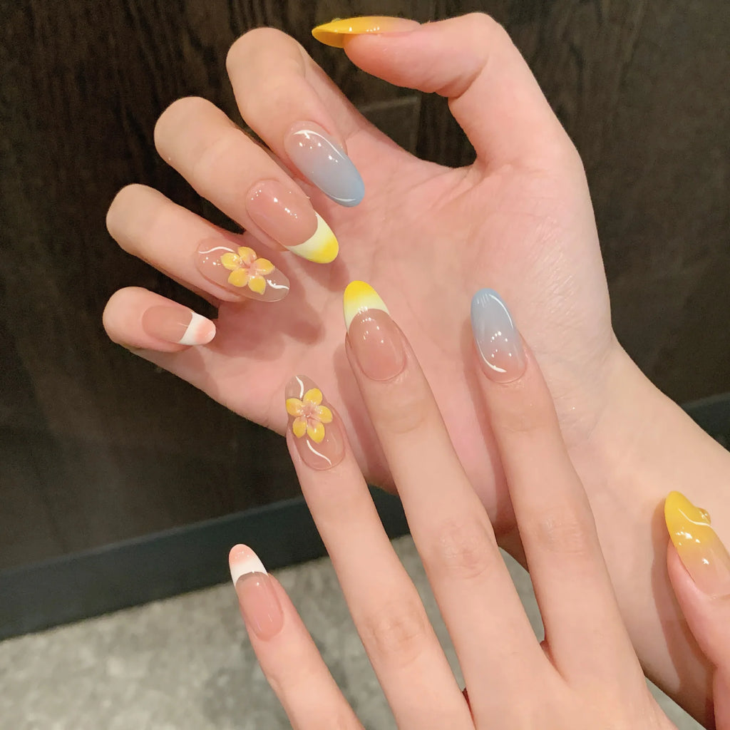 Faux ongles à pression Pastel Fleurs Ensoleillées - Faits main (Lot de 10)