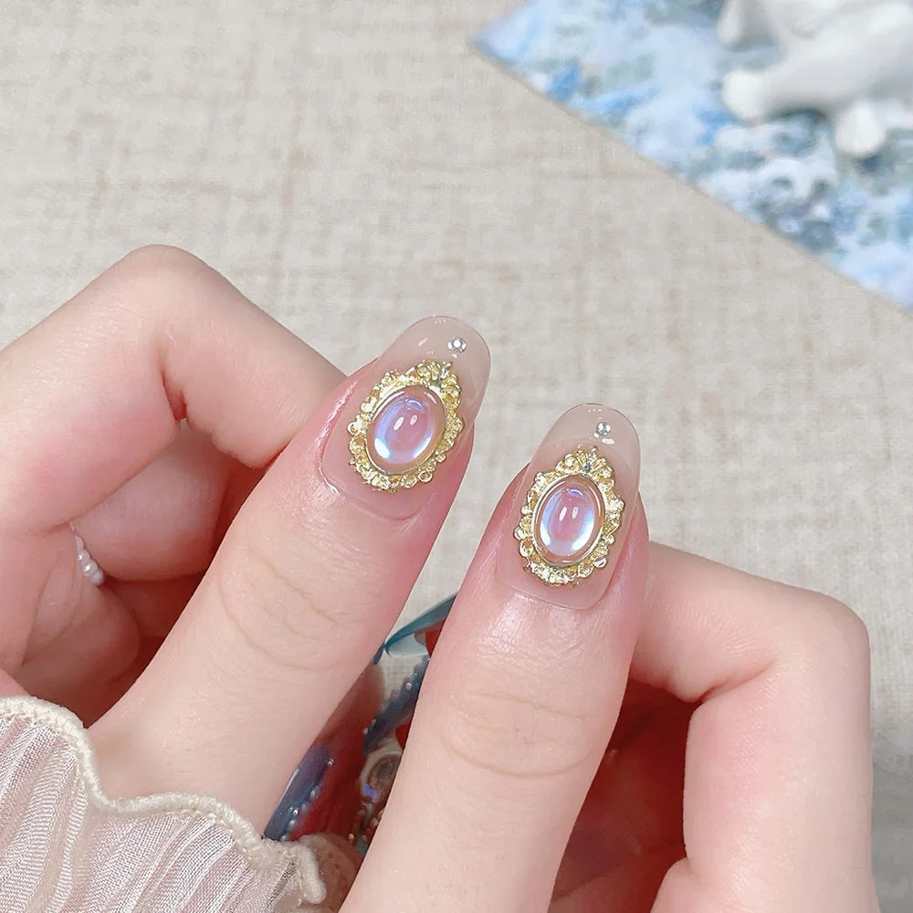 Faux ongles à pression Ovale Court Bleu Cadet Doré Clair de Lune Royal - Faits main (Lot de 10)