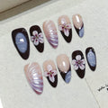 Faux ongles à pression Noir Nude Fleur Sakura – Amande - Faits main (Lot de 10)