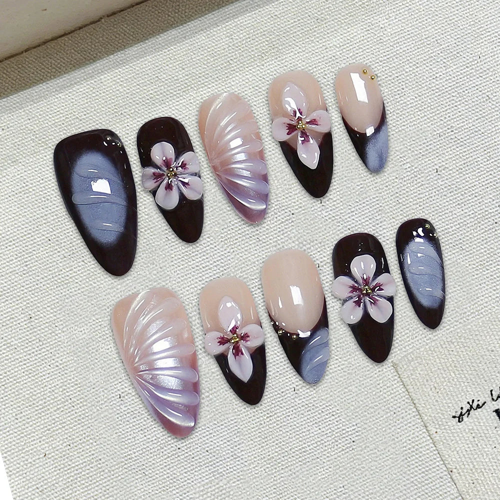 Faux ongles à pression Noir Nude Fleur Sakura – Amande - Faits main (Lot de 10)