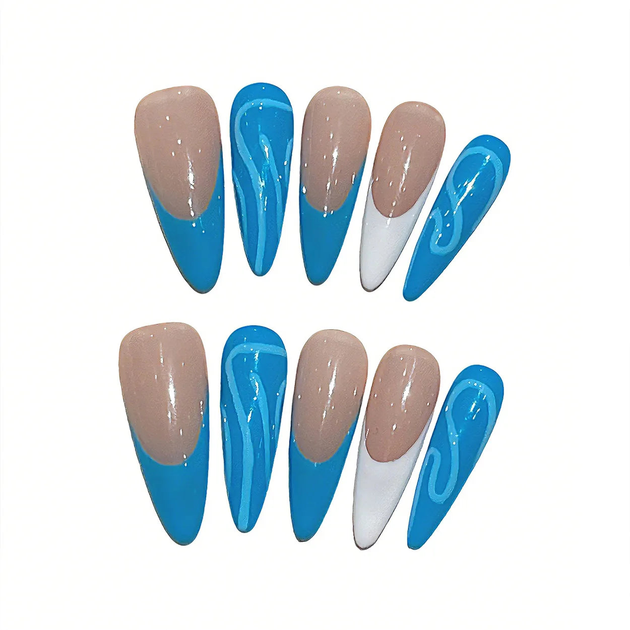 Faux ongles à pression Amande Long Nude Bleu Lignes Dansantes - Faits main (Lot de 10)
