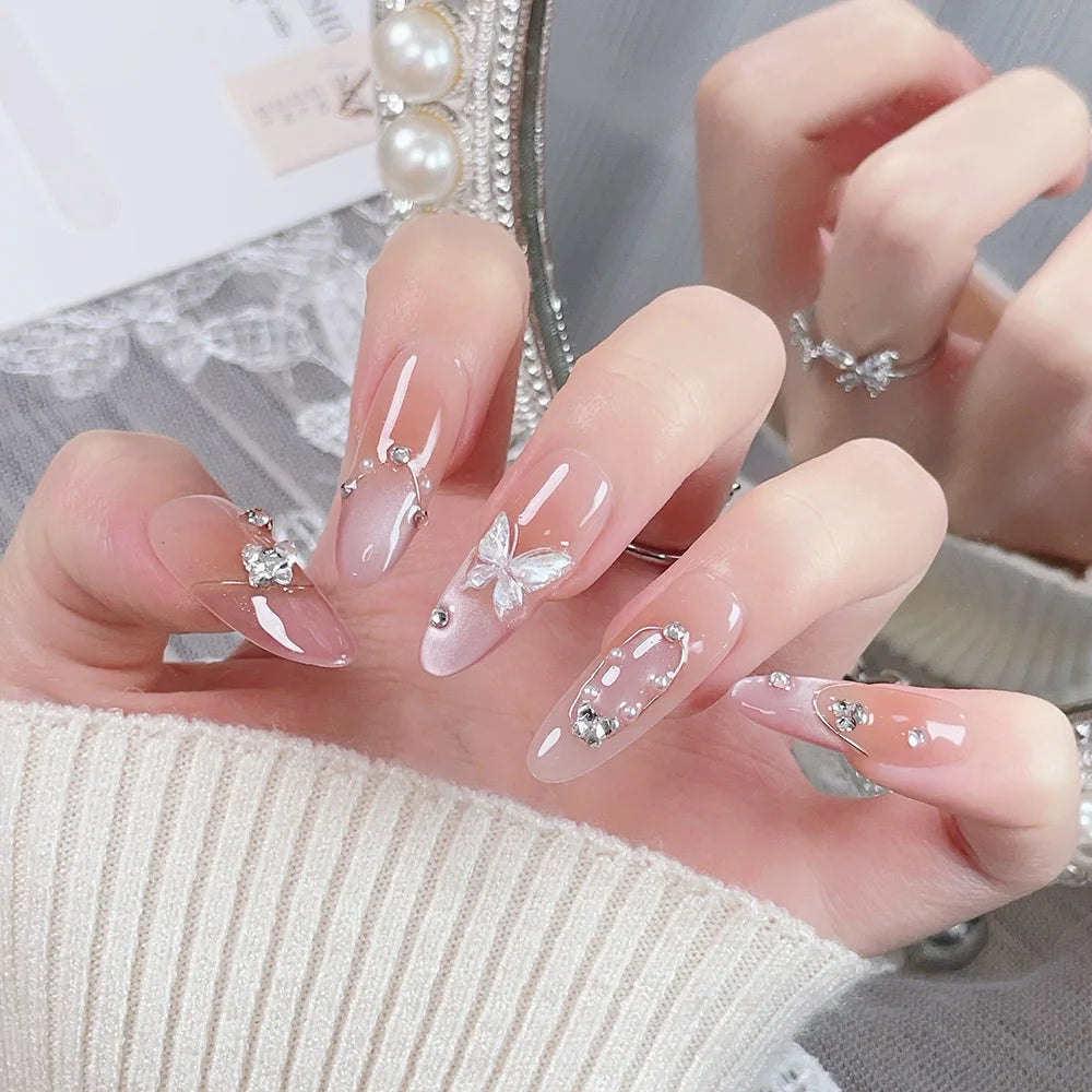 Faux ongles à pression Ovales - Dégradé Pêche Rose Papillon Cristal – Faits main (Lot de 10)