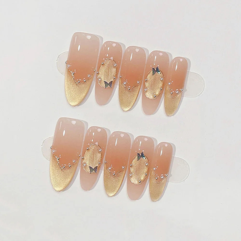 Faux ongles à pression Ovale Long Rose Doré Papillon Enivrant Noble - Faits main (Lot de 10)