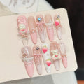 Faux ongles à pression Stiletto Long Rose Poudré Fraise Ourson Kawaii - Faits main (Lot de 10)
