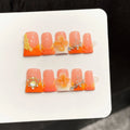 Faux ongles à pression Duck Moyen Orange Fleurs 3D Sculptées Strass - Faits main (Lot de 10)