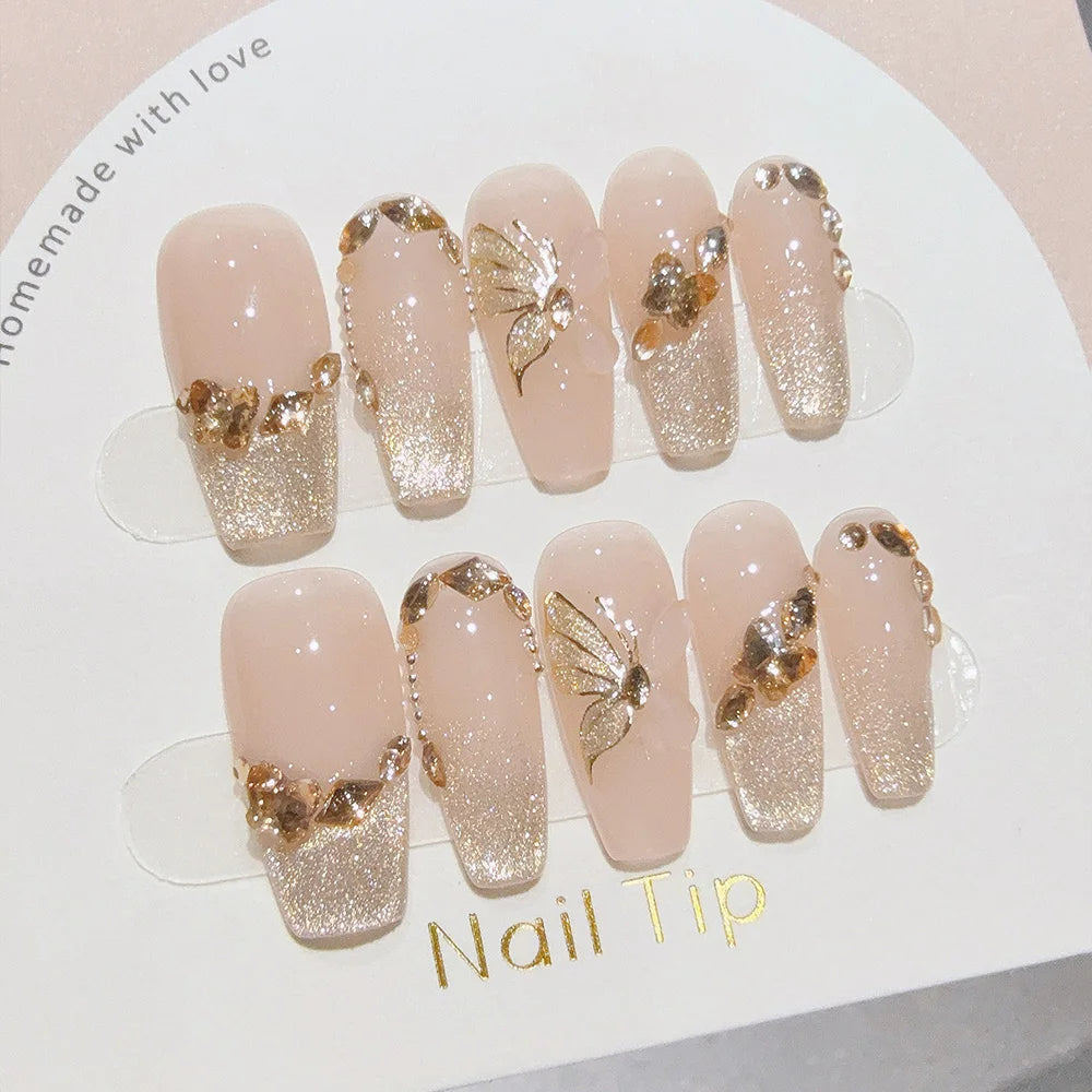 Faux ongles à pression Ballerine Long Nude Doré Papillon Doré Élégant - Faits main (Lot de 10)