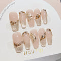 Faux ongles à pression Ballerine Long Nude Doré Papillon Doré Élégant - Faits main (Lot de 10)