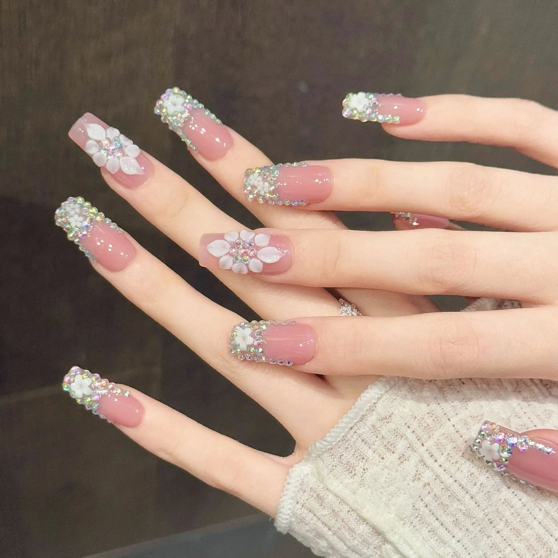 Faux ongles à pression Carré Long Nude Rose Sculpté 3D Diamants Luxe - Faits main (Lot de 10)