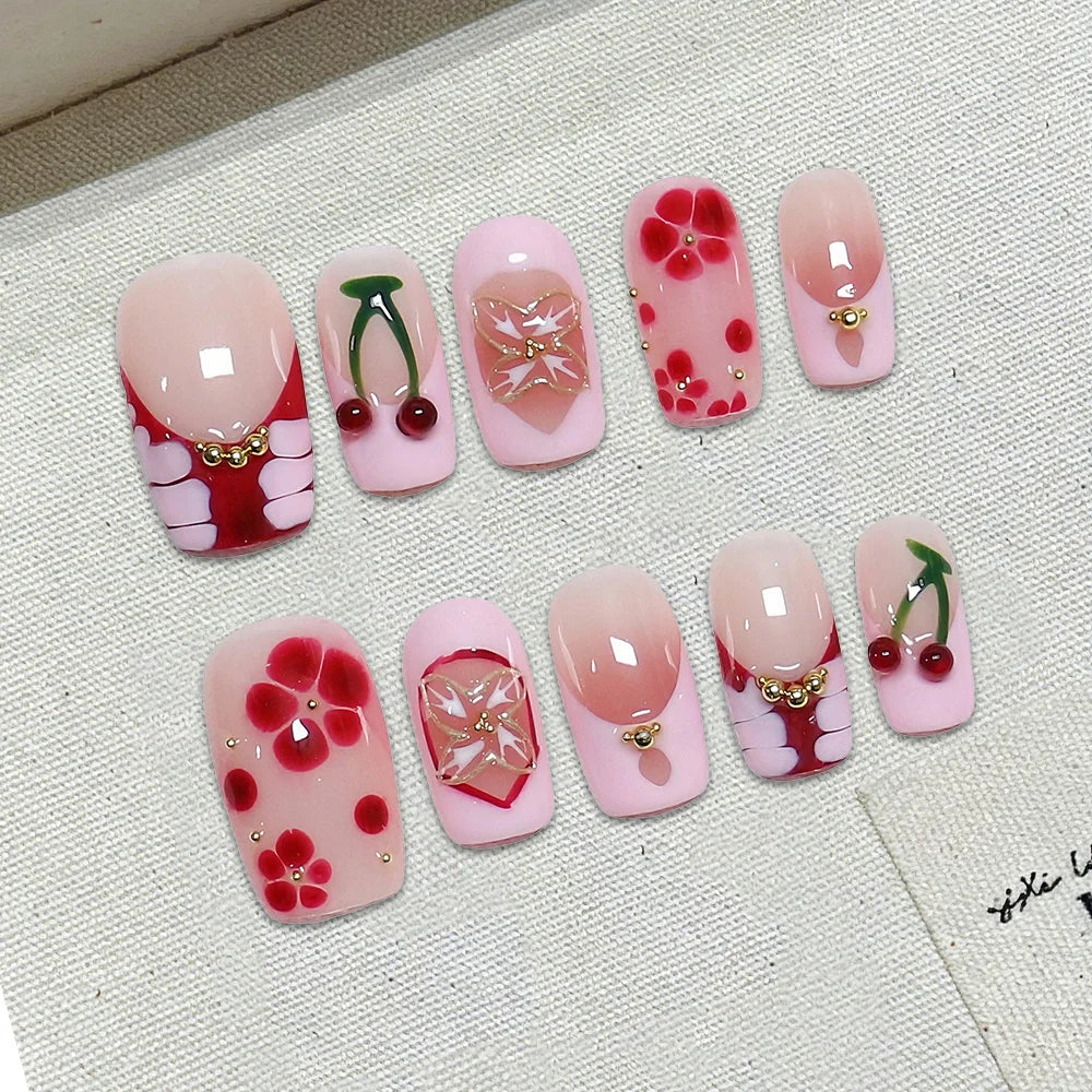 Faux ongles à pression Rose Cerise Fleur Rouge Strass – Faits main (Lot de 10)