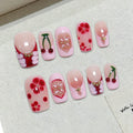 Faux ongles à pression Rose Cerise Fleur Rouge Strass – Faits main (Lot de 10)
