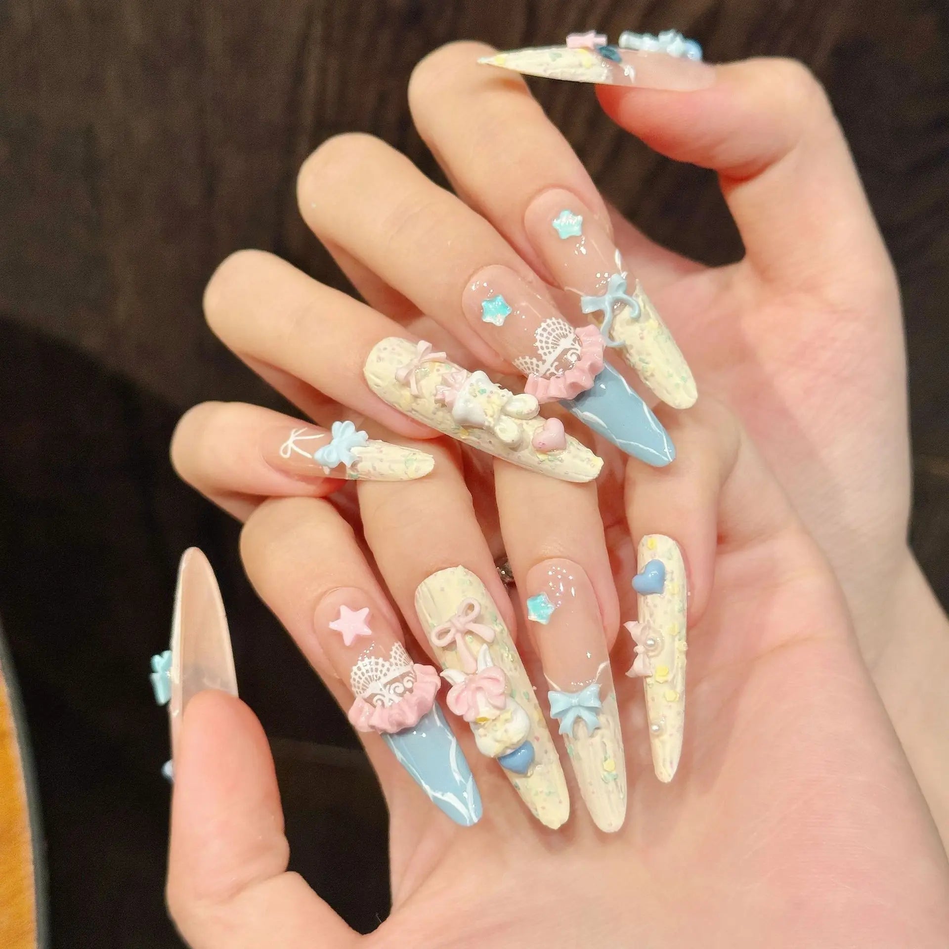 Faux ongles à pression Stiletto Long Ourson Lapin Cartoon Kawaii Pastel - Faits main (Lot de 10)