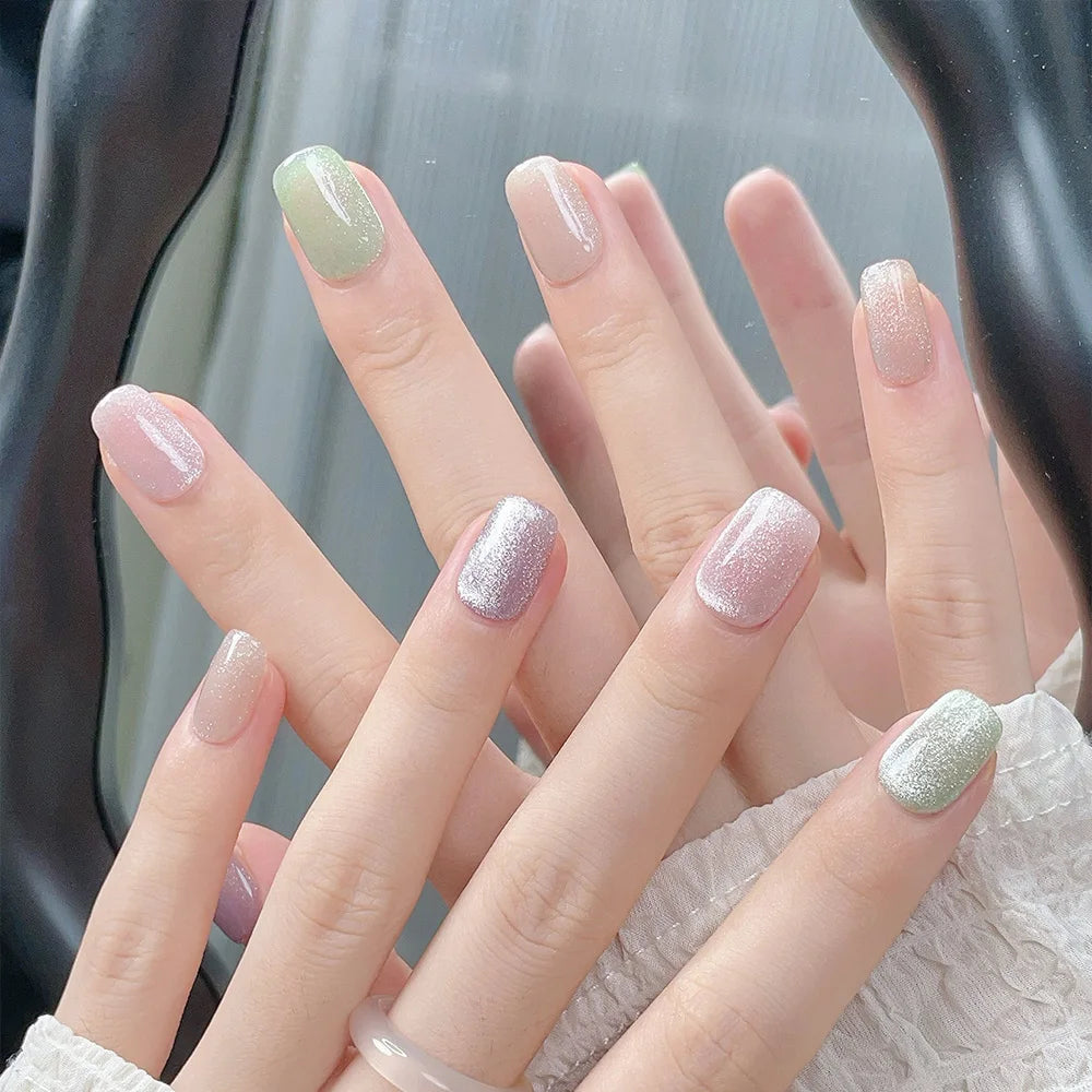 Faux ongles à pression Carré Court Pastel Pailleté Holographique – Faits main (Lot de 10)